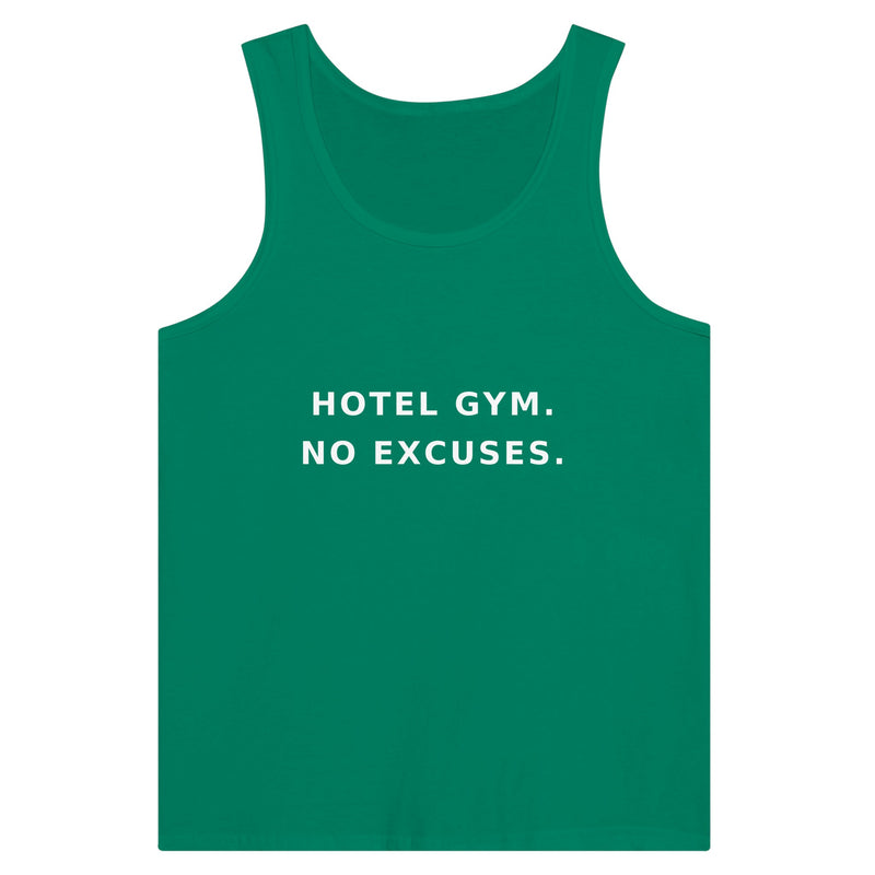 men's premium travel tank with white Hotel Gym. No Excuses. statement print for hotel gym sessions