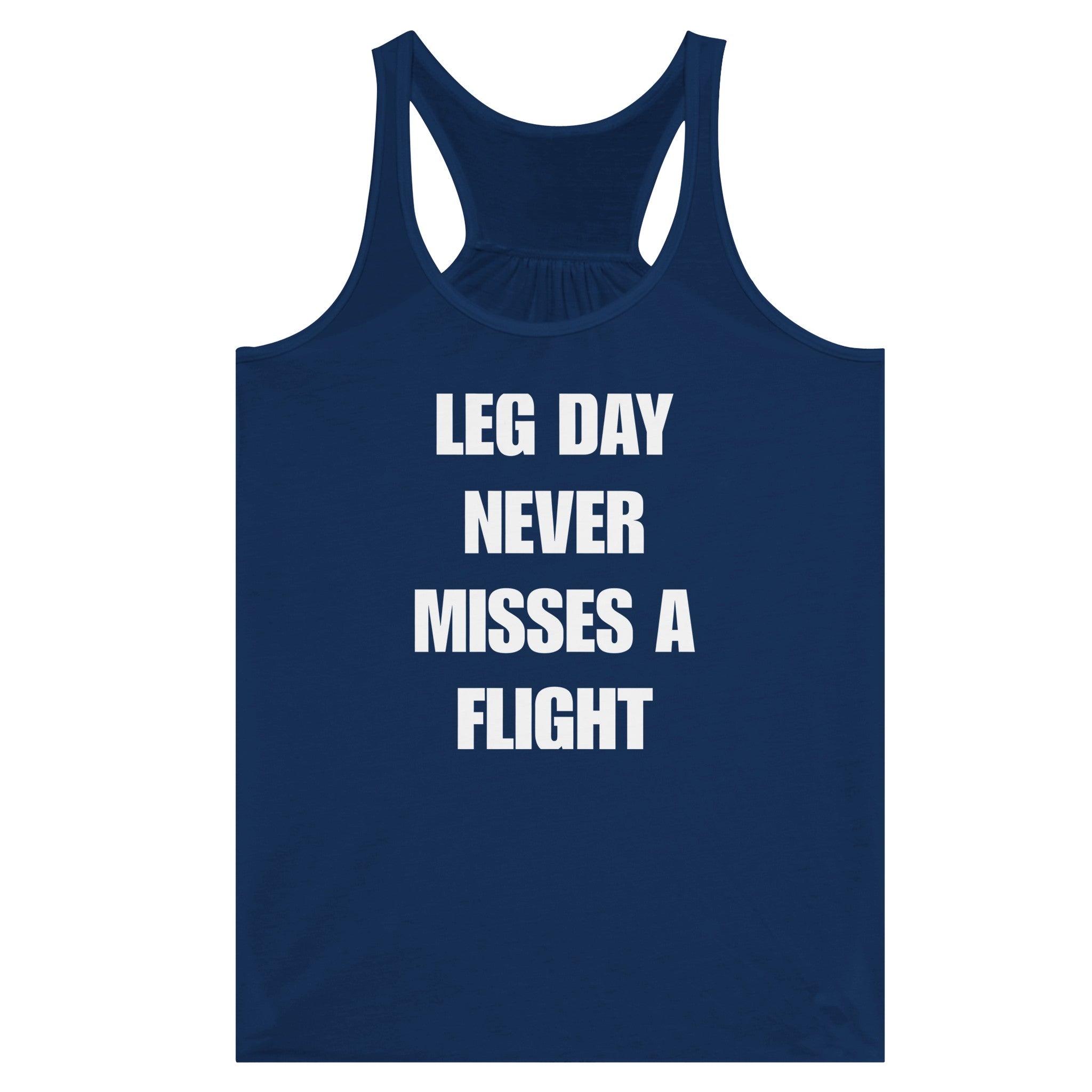 Dumbbells & Hotels women's flowy racerback tank with the Leg Day Never Misses a Flight graphic - product shot 12 of 13