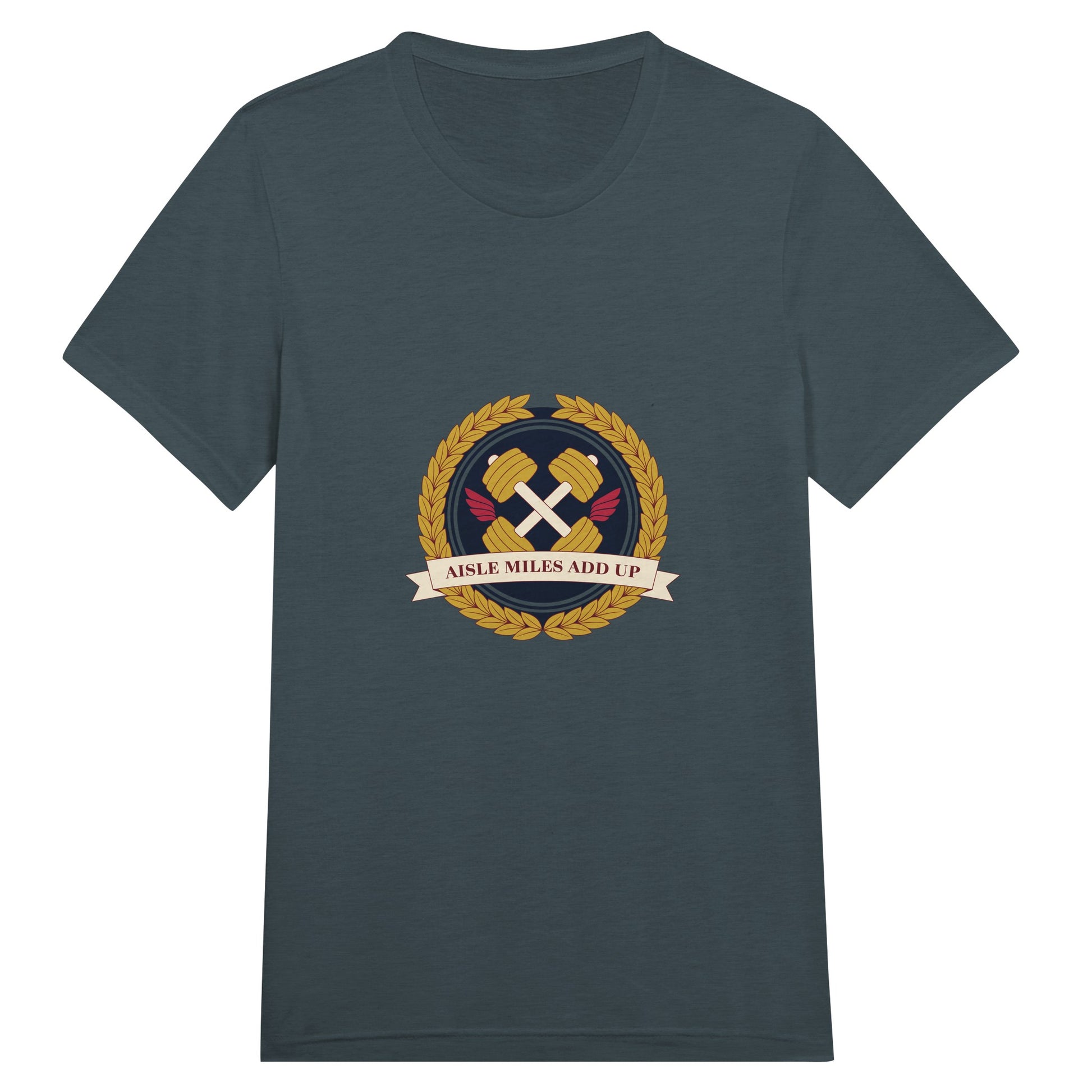Aisle Miles Add Up frequent flyer travel tee, flat lay 11 — Dumbbells & Hotels