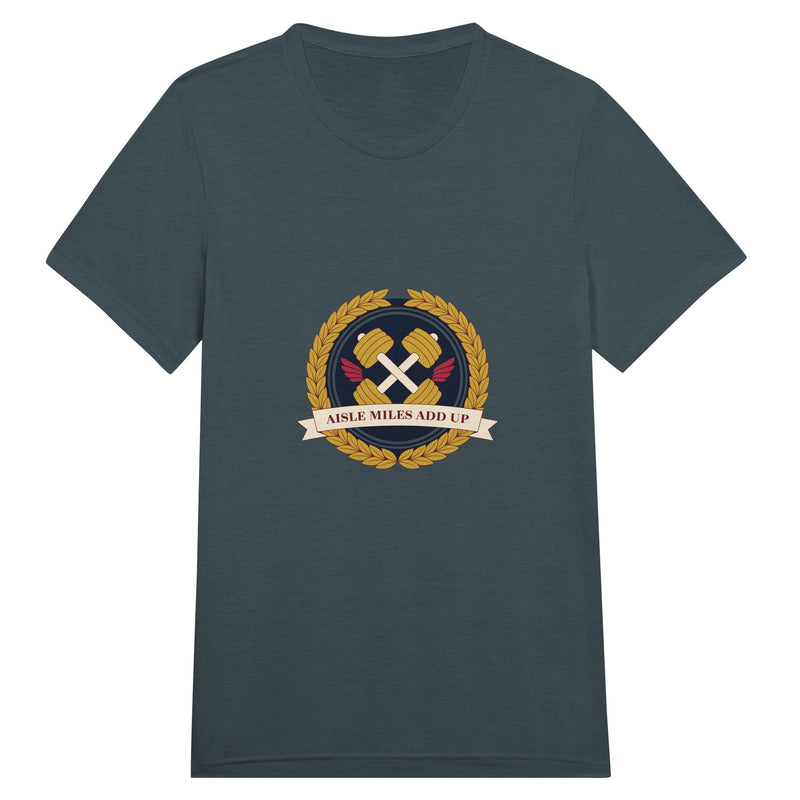 Aisle Miles Add Up frequent flyer travel tee, flat lay 11 — Dumbbells & Hotels
