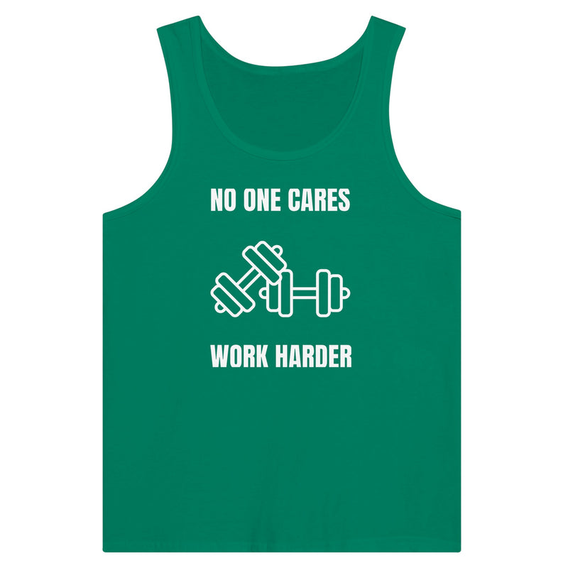 No One Cares. Work Harder travel tank, front view — layover-ready, designed by pilots for the road warrior | Dumbbells & Hotels