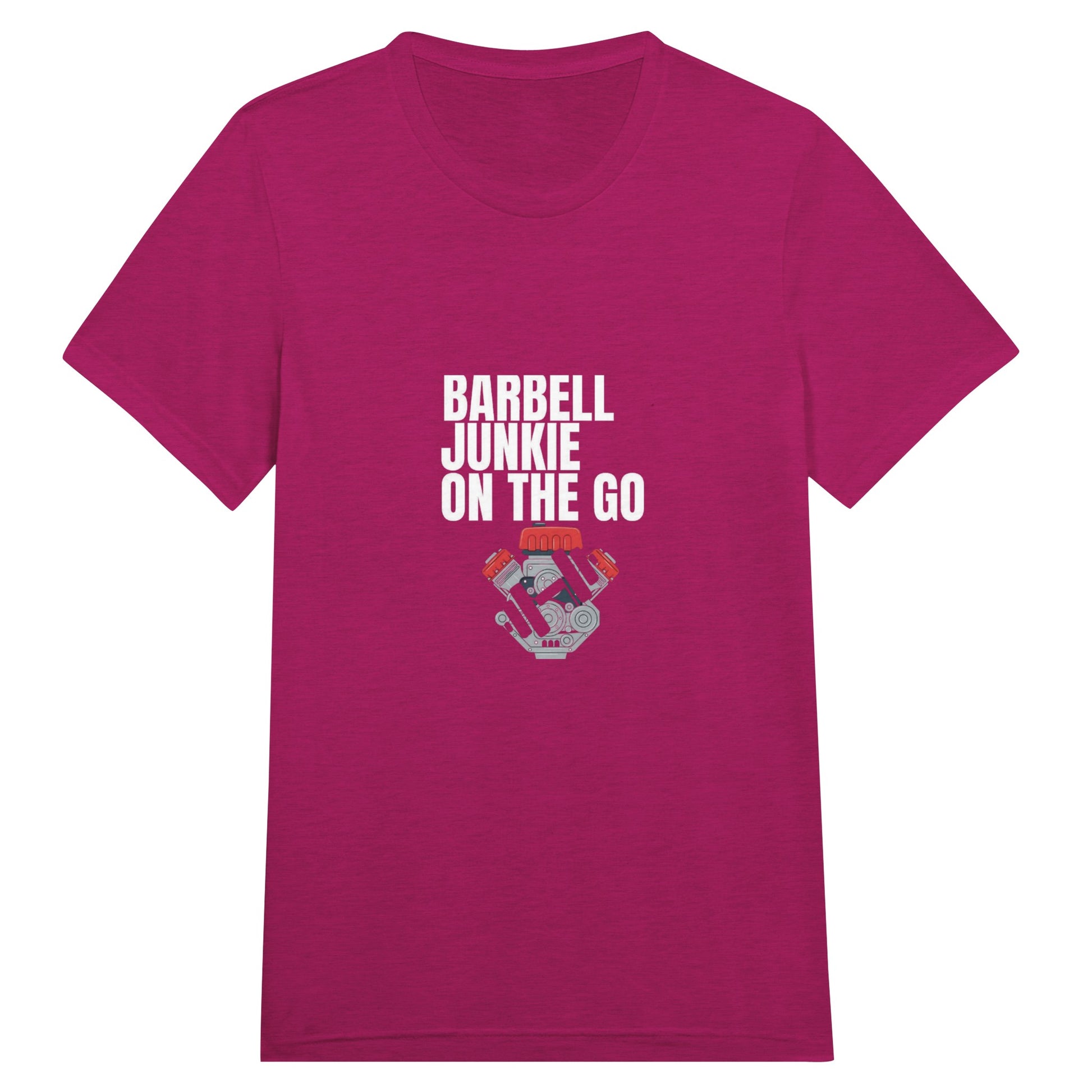 Barbell Junkie on the Go travel-ready crewneck tee by Dumbbells & Hotels — road warrior gym apparel