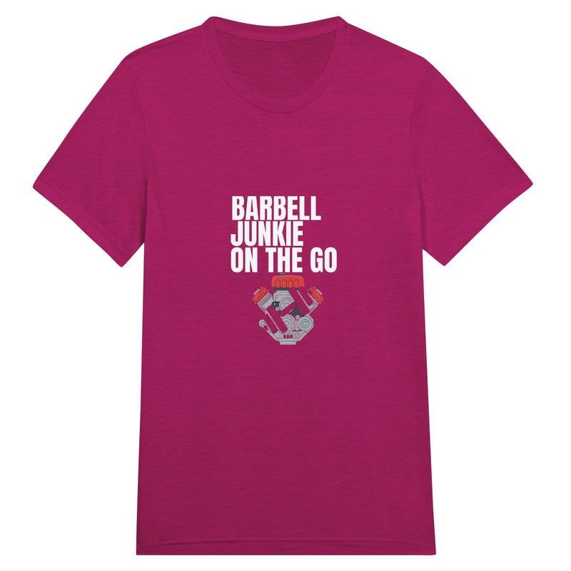 Barbell Junkie on the Go travel-ready crewneck tee by Dumbbells & Hotels — road warrior gym apparel