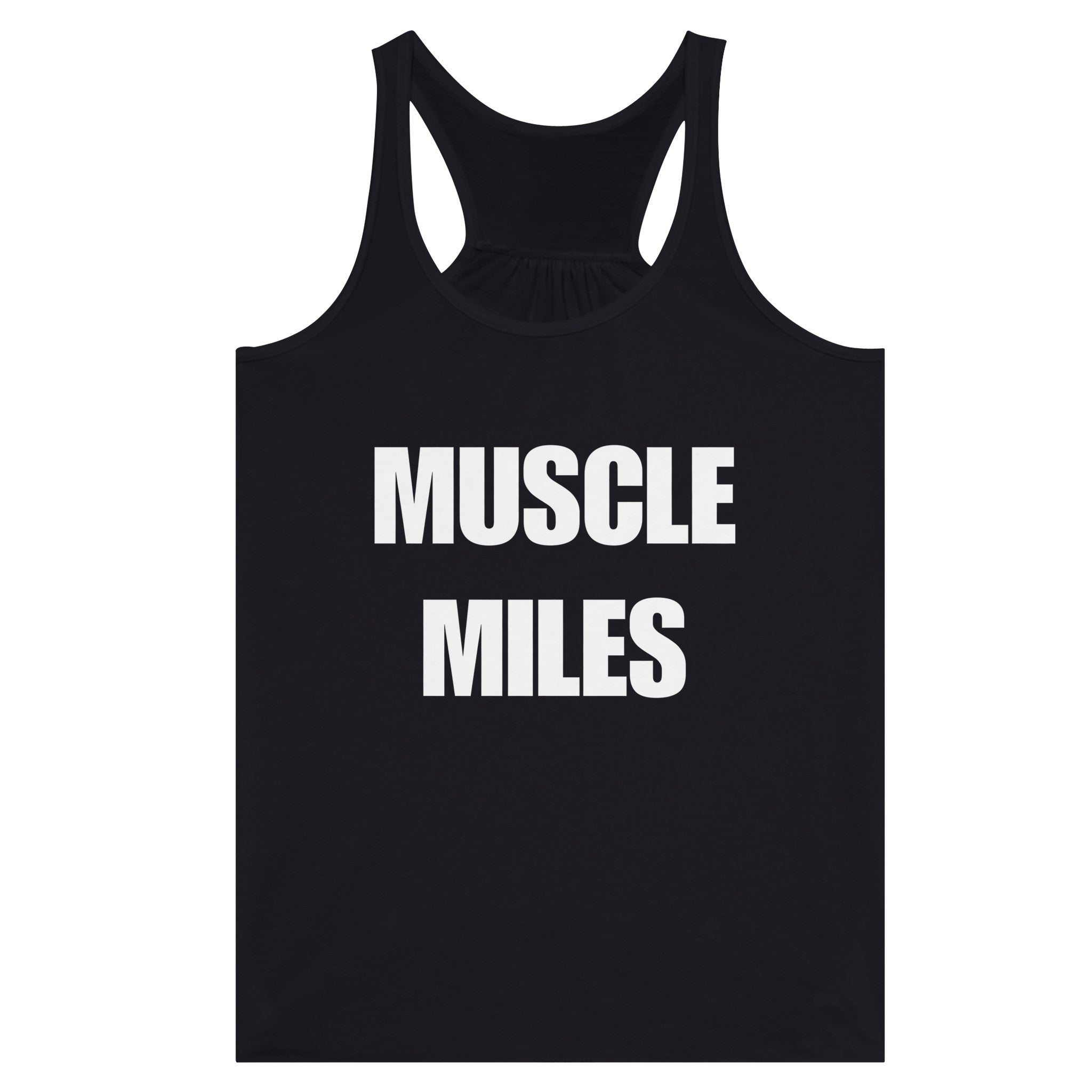 Muscle Miles racerback tank worn on-model in a hotel gym setting
