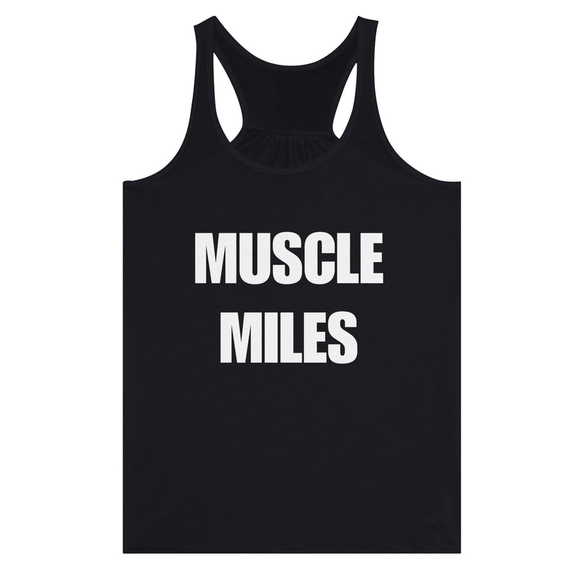 Muscle Miles racerback tank worn on-model in a hotel gym setting