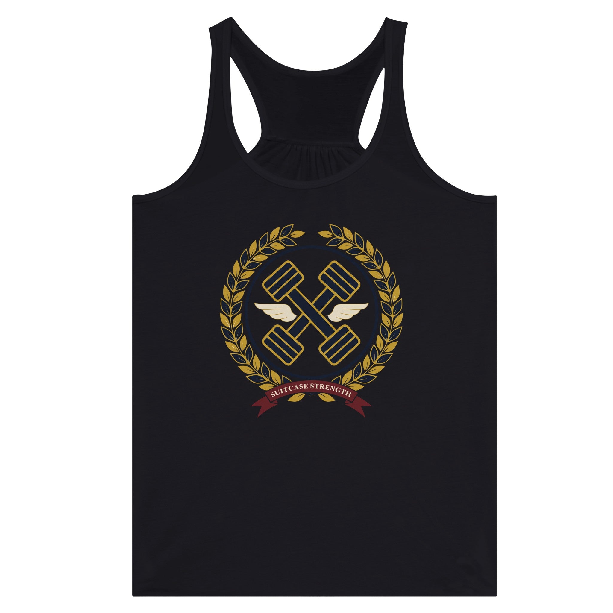 Suitcase Strength women's flowy racerback tank for travelling professionals, printed with a gold laurel-wreath crest with navy crossed dumbbells, cream aviator wings and a SUITCASE STRENGTH ribbon — product photo 4 of 13