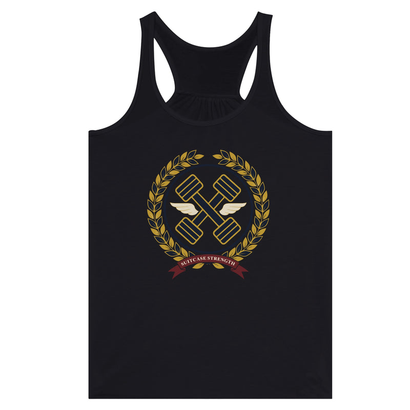 Suitcase Strength women's flowy racerback tank for travelling professionals, printed with a gold laurel-wreath crest with navy crossed dumbbells, cream aviator wings and a SUITCASE STRENGTH ribbon — product photo 4 of 13