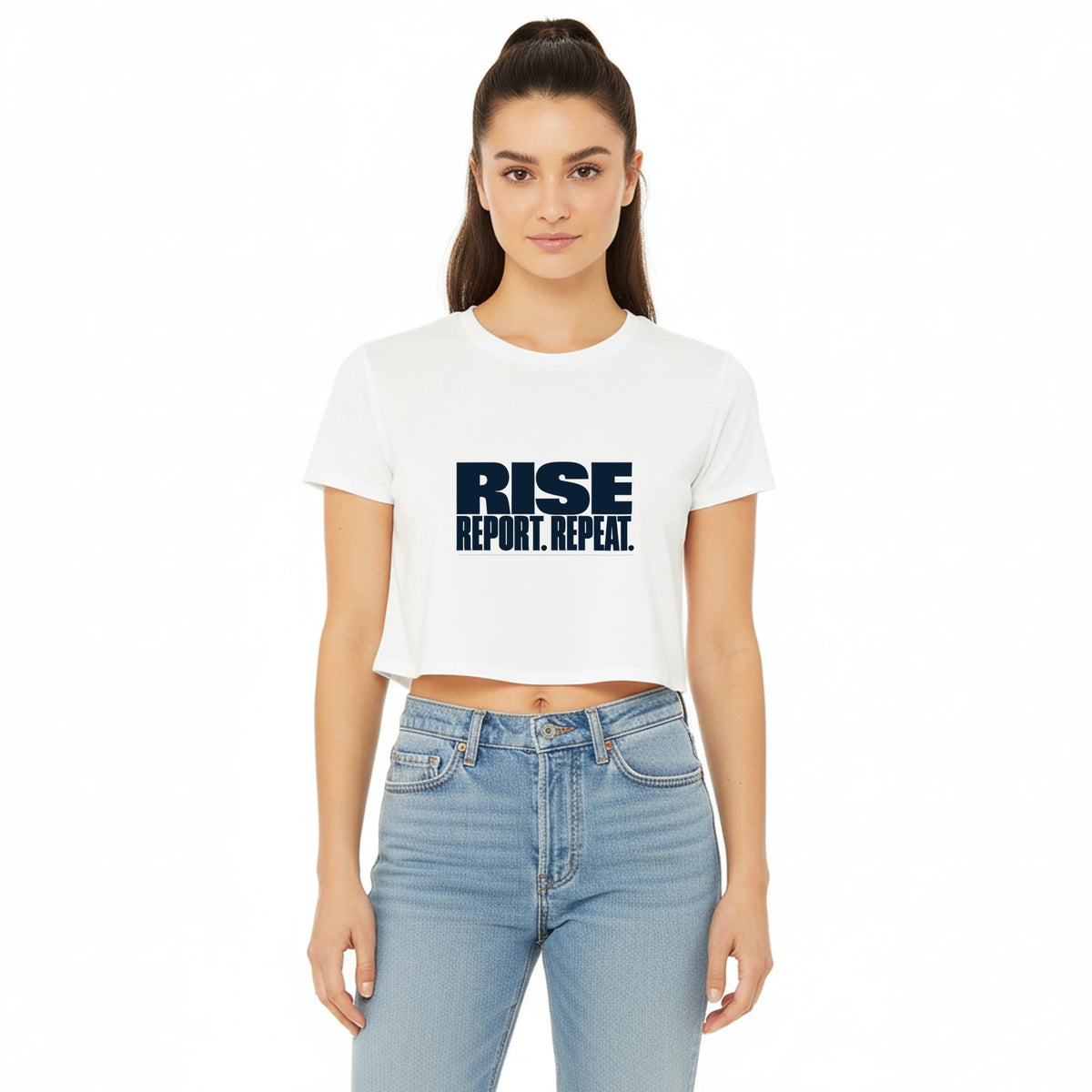 Rise. Report. Repeat. Crop Tee | Dumbbells & Hotels - Rise. Report. Repeat. design, crop tee product photo