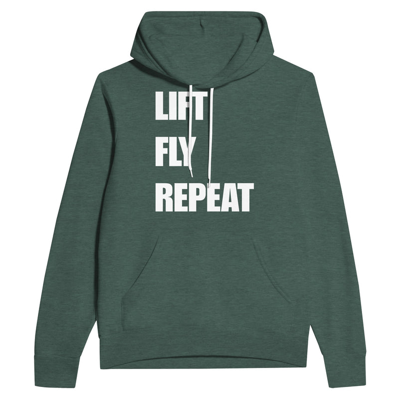 Lift Fly Repeat unisex pullover hoodie for travelling professionals, printed with a laurel-wreath crest with crossed dumbbells, aviator wings and a LIFT. FLY. REPEAT. ribbon — product photo 6 of 12