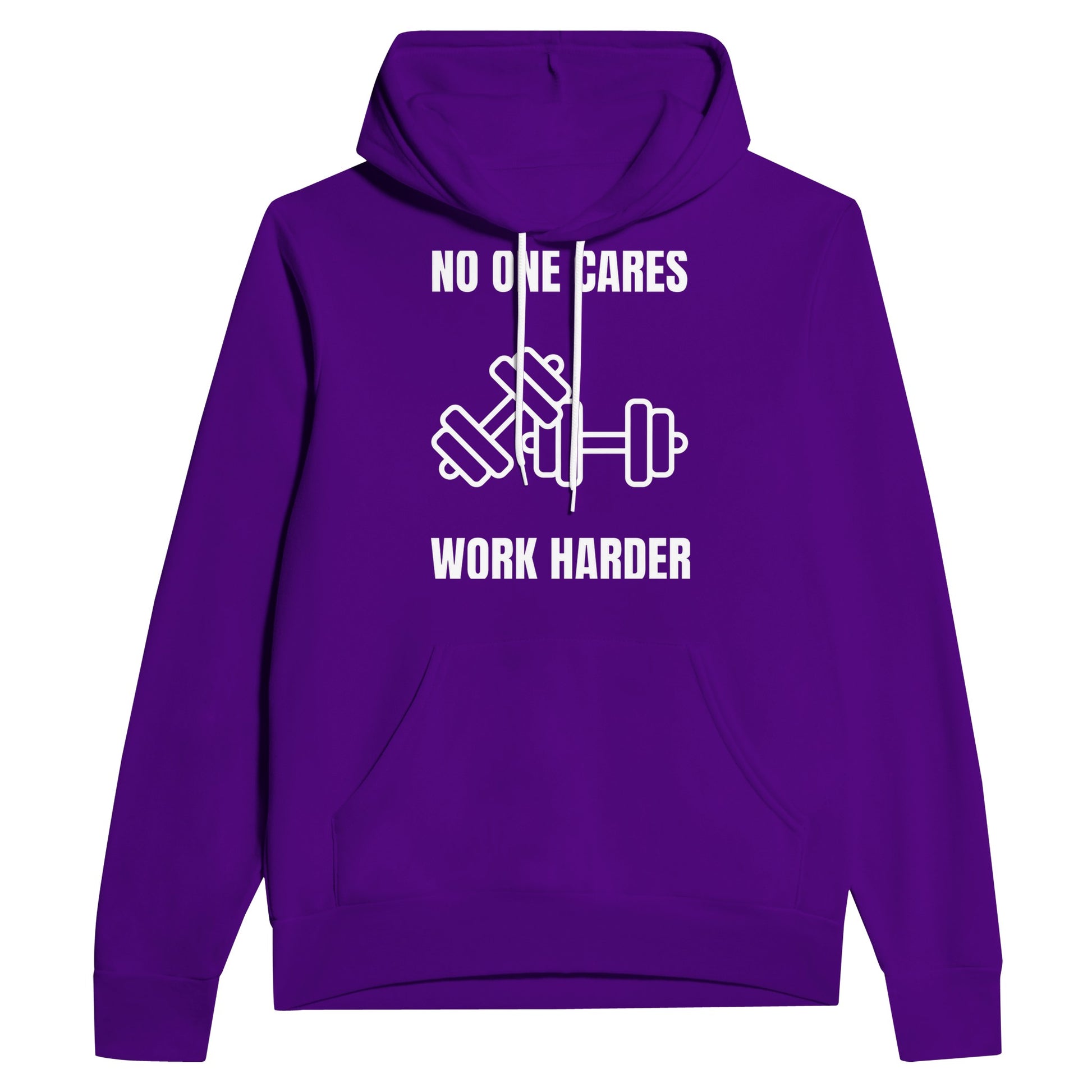 No One Cares. Work Harder sponge fleece hoodie — layover-ready capsule-wardrobe apparel designed by pilots | Dumbbells & Hotels