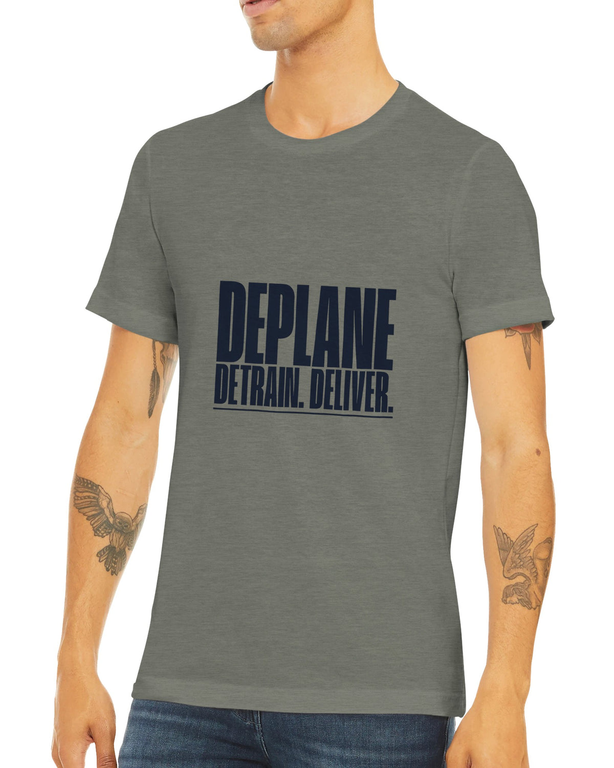 Deplane. Detrain. Deliver. travel tee, Dumbbells and Hotels, colorway flat lay
