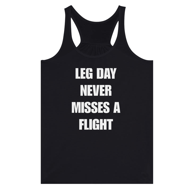 Dumbbells & Hotels women's flowy racerback tank with the Leg Day Never Misses a Flight graphic - product shot 4 of 13