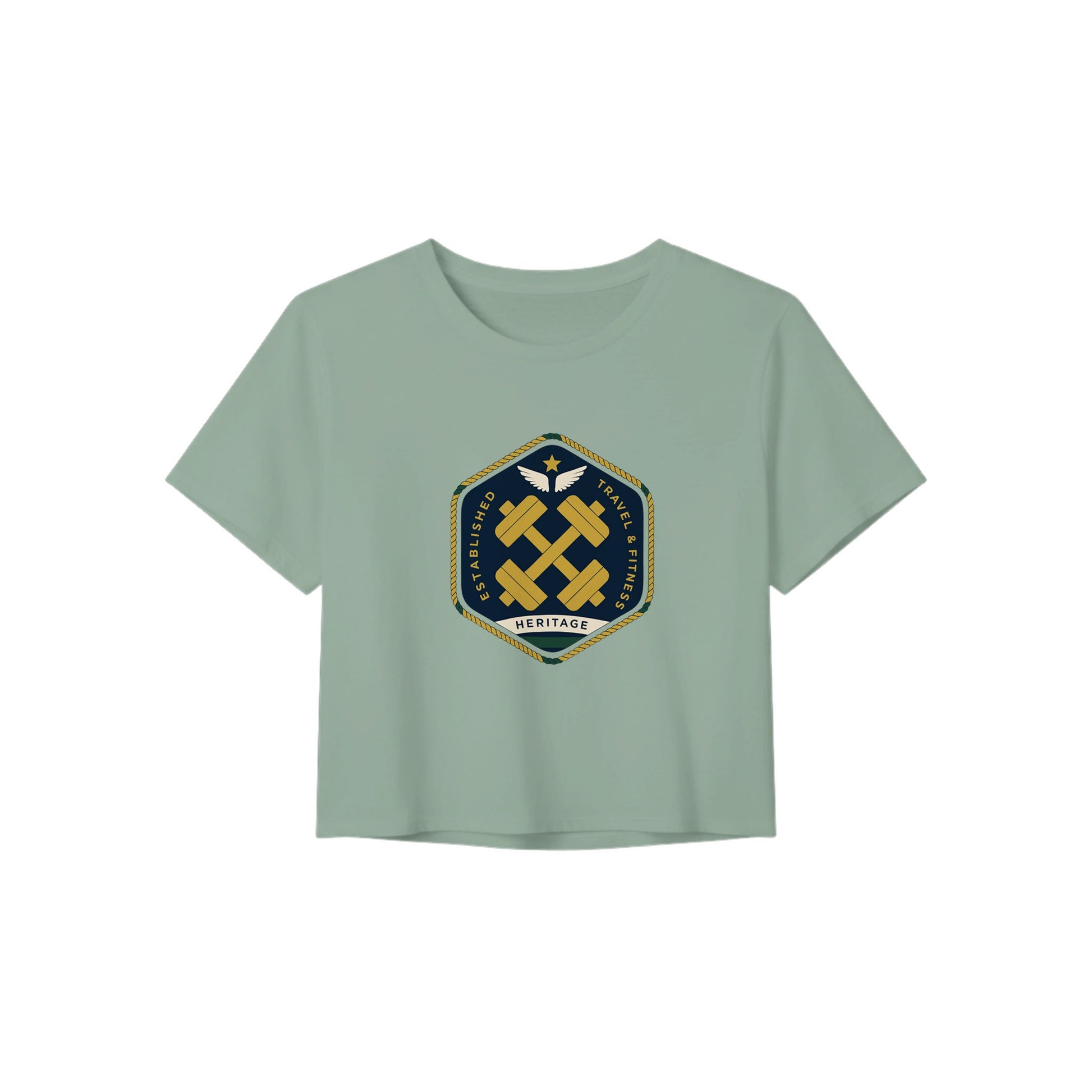 Heritage Standard crest-emblem travel crop tee, Dumbbells & Hotels road warrior apparel