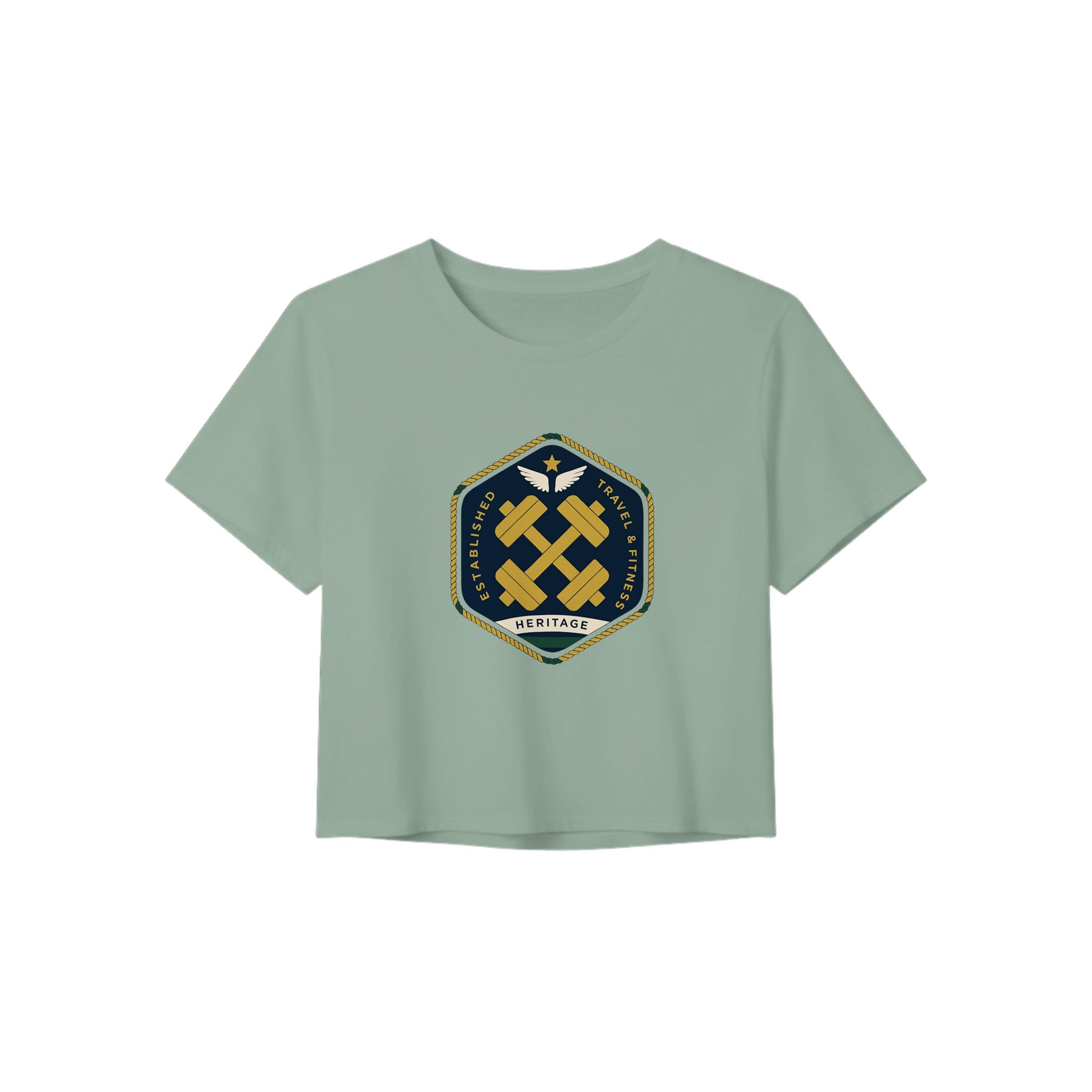 Heritage Standard crest-emblem travel crop tee, Dumbbells & Hotels road warrior apparel