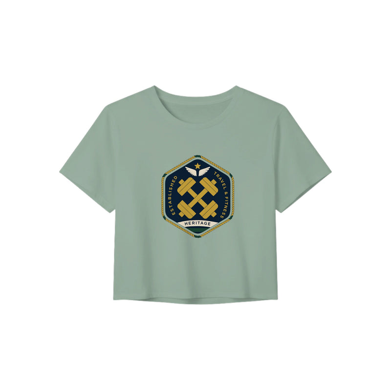 Heritage Standard crest-emblem travel crop tee, Dumbbells & Hotels road warrior apparel