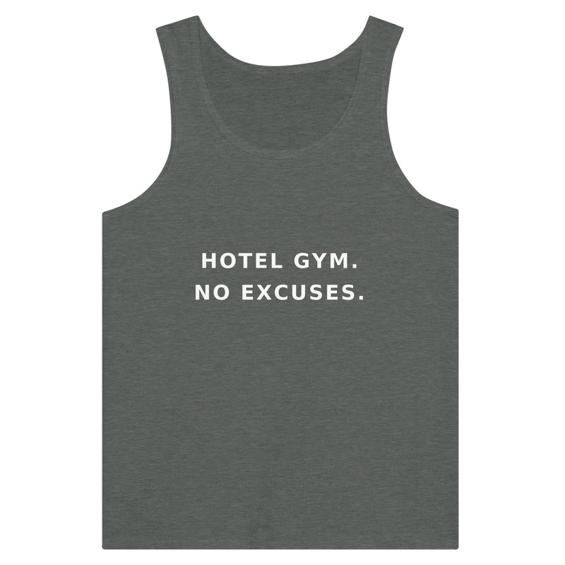 men's premium travel tank with white Hotel Gym. No Excuses. statement print for hotel gym sessions
