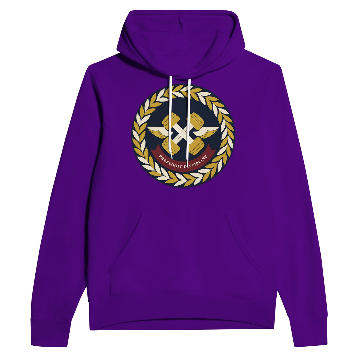 Preflight Discipline unisex pullover hoodie for travelling professionals, printed with a laurel-wreath crest with crossed dumbbells, aviator wings and a PREFLIGHT DISCIPLINE banner — product photo 3 of 12