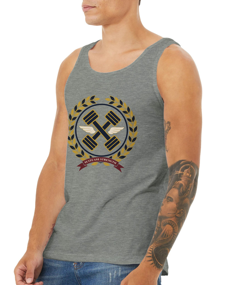 Suitcase Strength unisex premium tank top for travelling professionals, printed with a gold laurel-wreath crest with navy crossed dumbbells, cream aviator wings and a SUITCASE STRENGTH ribbon — product photo 18 of 18