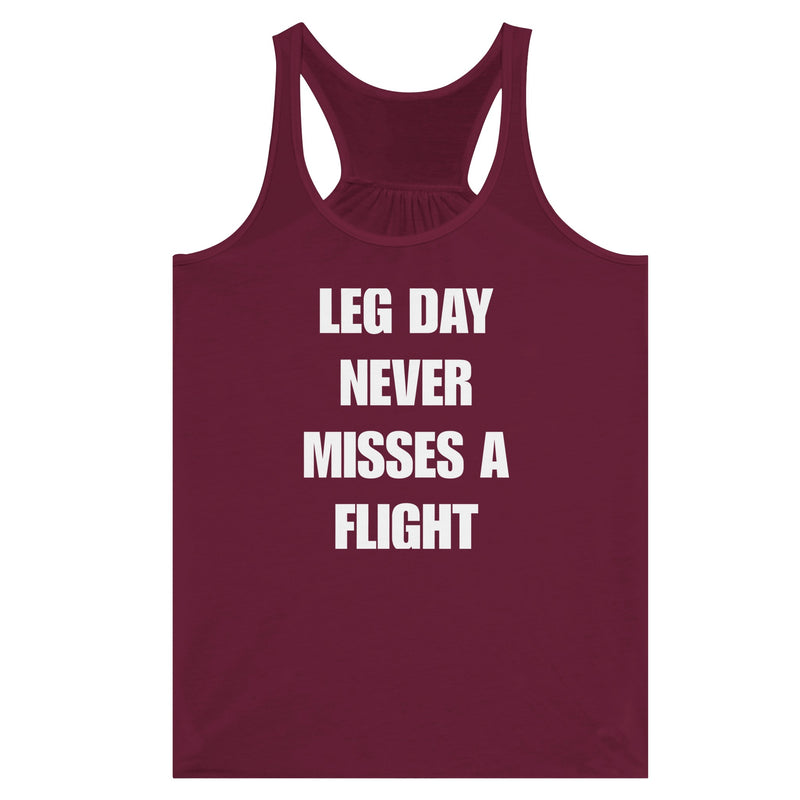 Dumbbells & Hotels women's flowy racerback tank with the Leg Day Never Misses a Flight graphic - product shot 7 of 13