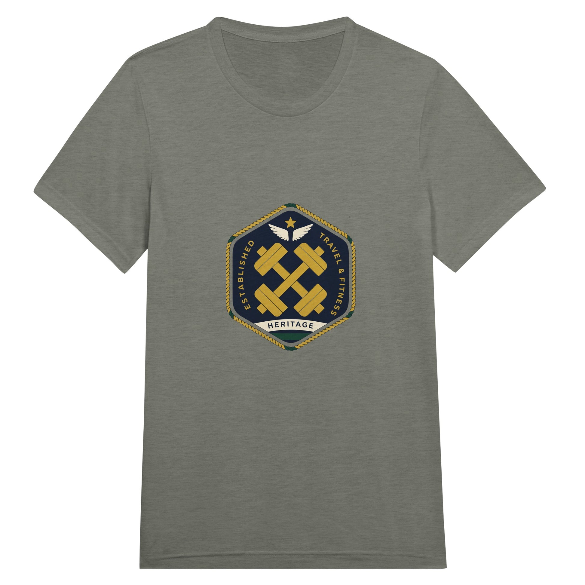 Heritage Standard crest-emblem travel tee, Dumbbells & Hotels road warrior apparel