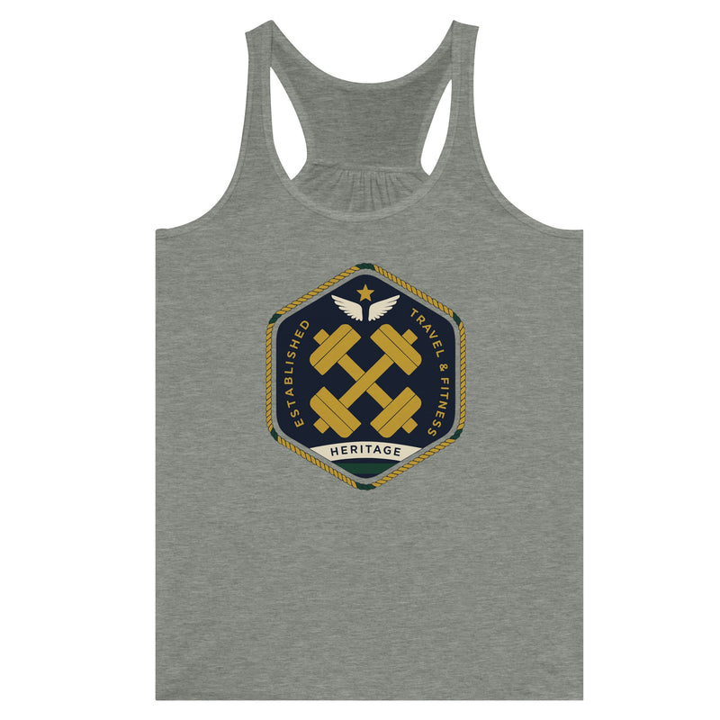 Heritage Standard crest-emblem flowy racerback tank, Dumbbells & Hotels road warrior apparel