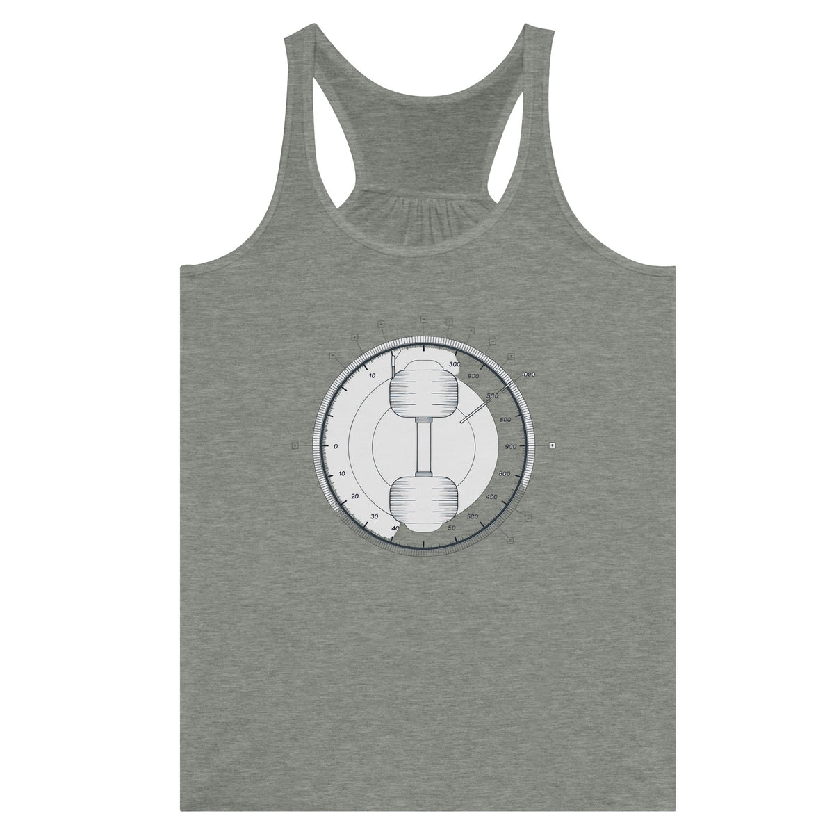 Women's racerback tank with Elevation Changes, Effort Stays dumbbell and wing design, travel fitness apparel by Dumbbells & Hotels
