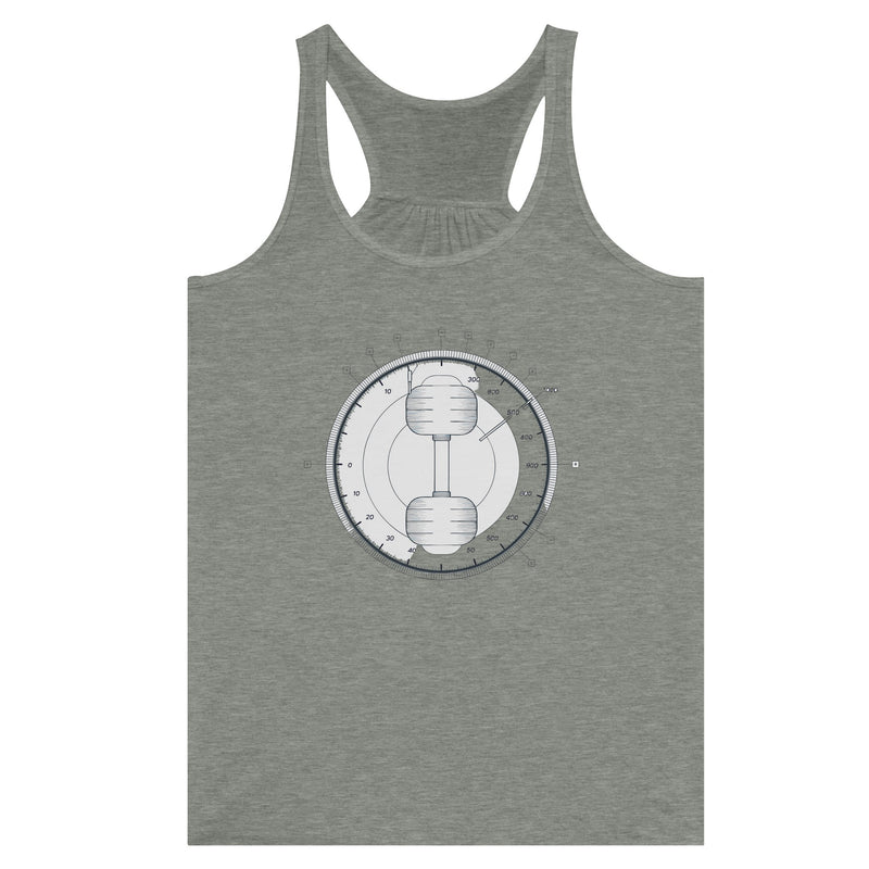 Women's racerback tank with Elevation Changes, Effort Stays dumbbell and wing design, travel fitness apparel by Dumbbells & Hotels