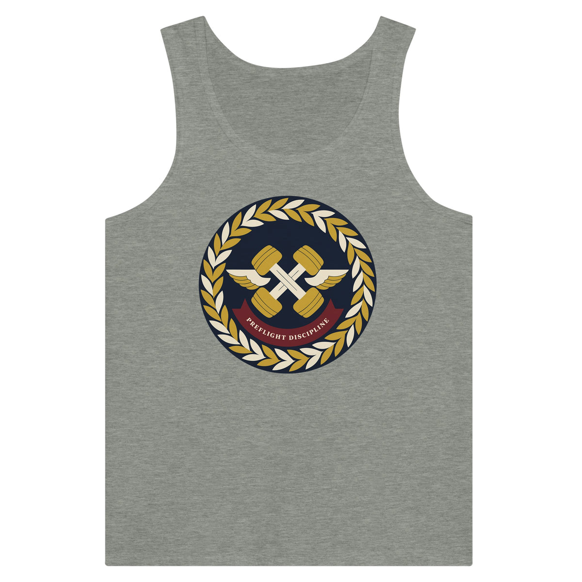 Preflight Discipline unisex tank top for travelling professionals, printed with a laurel-wreath crest with crossed dumbbells, aviator wings and a PREFLIGHT DISCIPLINE banner — product photo 1 of 18