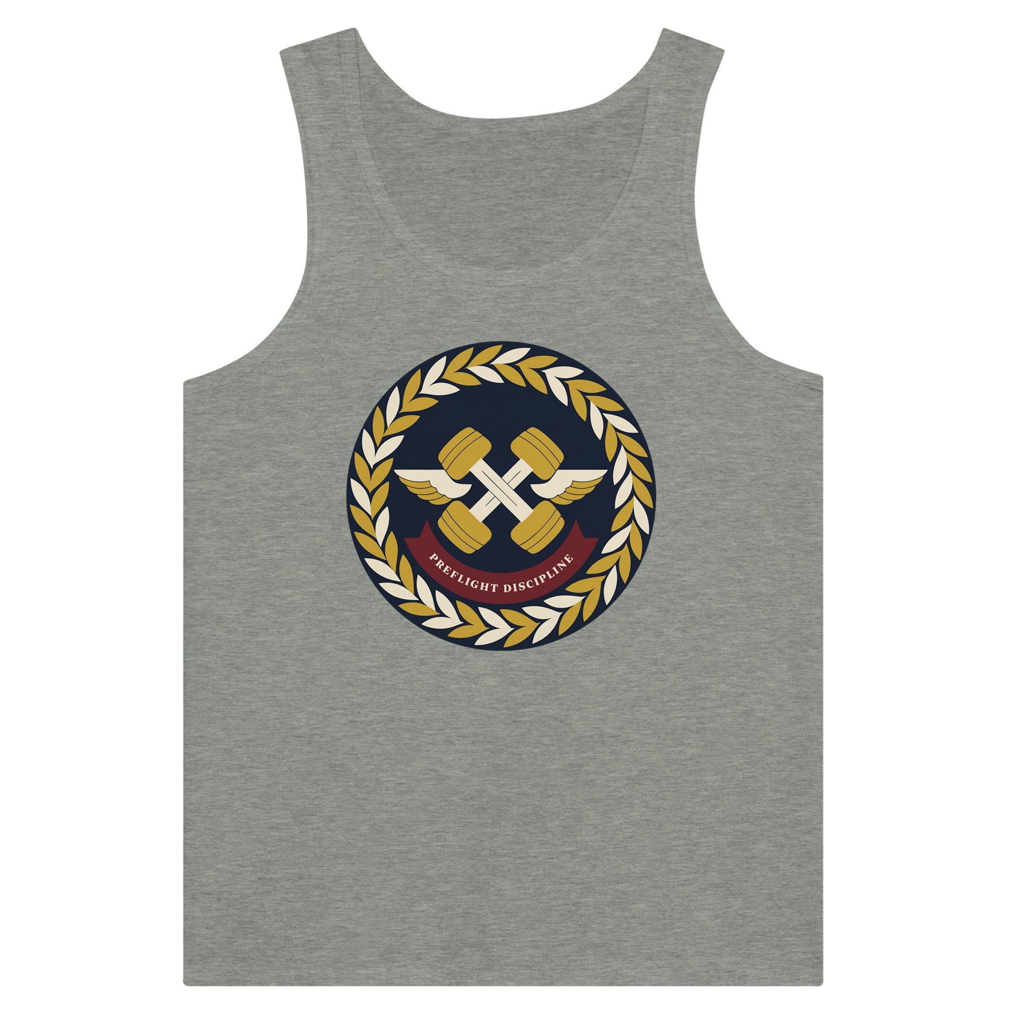 Preflight Discipline unisex tank top for travelling professionals, printed with a laurel-wreath crest with crossed dumbbells, aviator wings and a PREFLIGHT DISCIPLINE banner — product photo 1 of 18