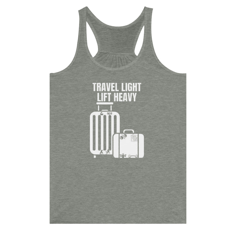 Travel Light Lift Heavy racerback tank worn during a hotel gym session