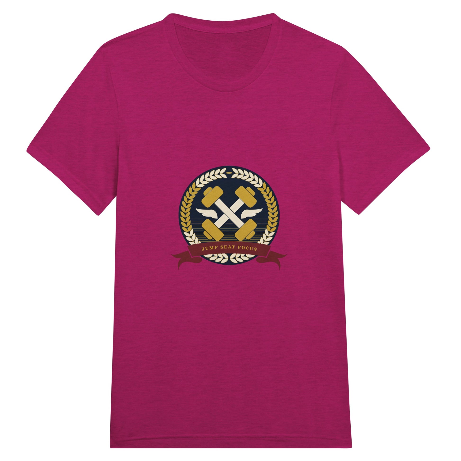 Dumbbells & Hotels unisex triblend tee with the Jump Seat Focus crest (gold laurel ring, crossed dumbbells over aviator wings, burgundy ribbon) - product shot 15 of 19