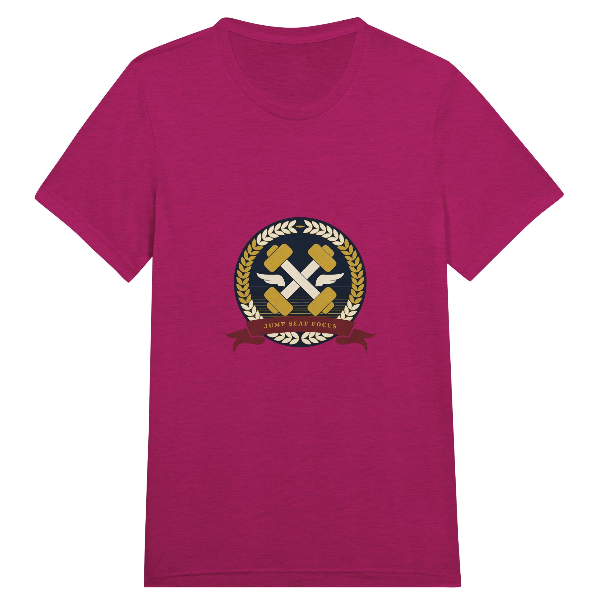Dumbbells & Hotels unisex triblend tee with the Jump Seat Focus crest (gold laurel ring, crossed dumbbells over aviator wings, burgundy ribbon) - product shot 15 of 19