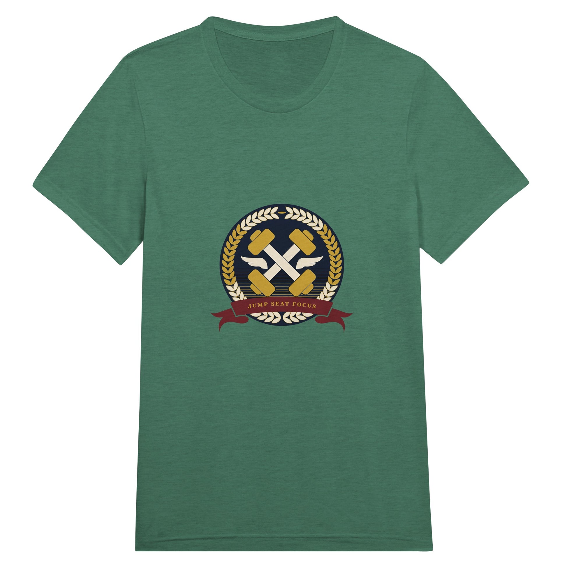 Dumbbells & Hotels unisex triblend tee with the Jump Seat Focus crest (gold laurel ring, crossed dumbbells over aviator wings, burgundy ribbon) - product shot 8 of 19