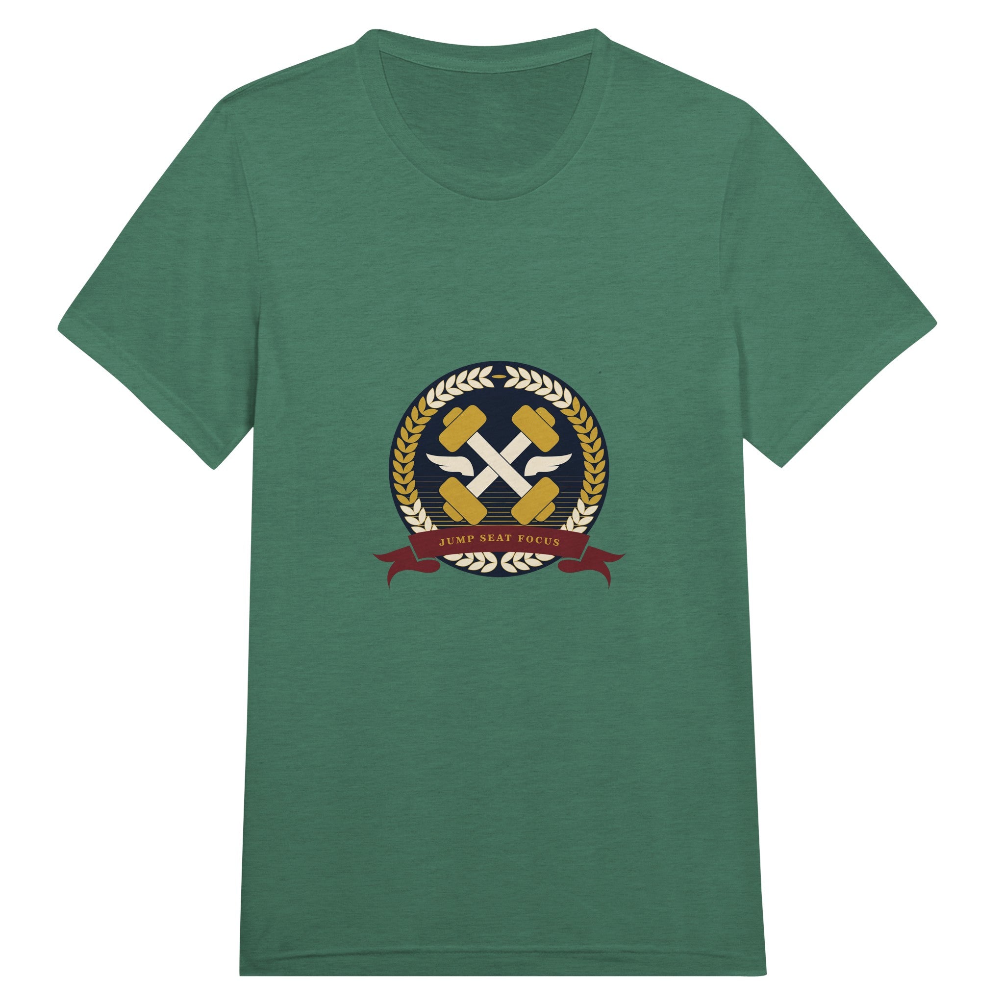 Dumbbells & Hotels unisex triblend tee with the Jump Seat Focus crest (gold laurel ring, crossed dumbbells over aviator wings, burgundy ribbon) - product shot 8 of 19
