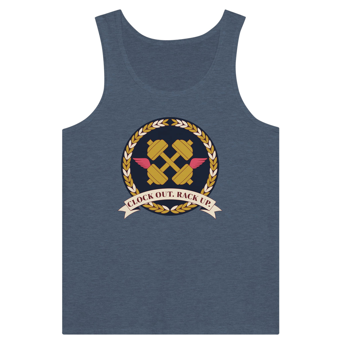 Clock Out. Rack Up. crest design on a Dumbbells and Hotels unisex tank top