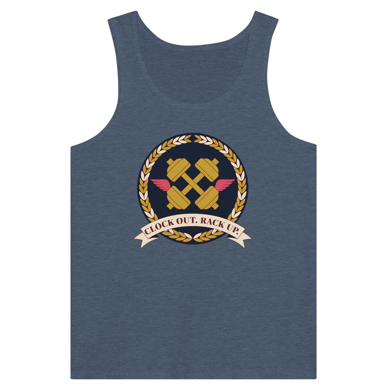 Clock Out. Rack Up. crest design on a Dumbbells and Hotels unisex tank top