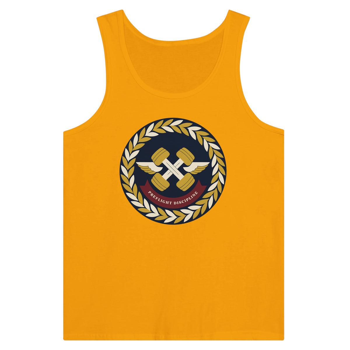 Preflight Discipline unisex tank top for travelling professionals, printed with a laurel-wreath crest with crossed dumbbells, aviator wings and a PREFLIGHT DISCIPLINE banner — product photo 3 of 18
