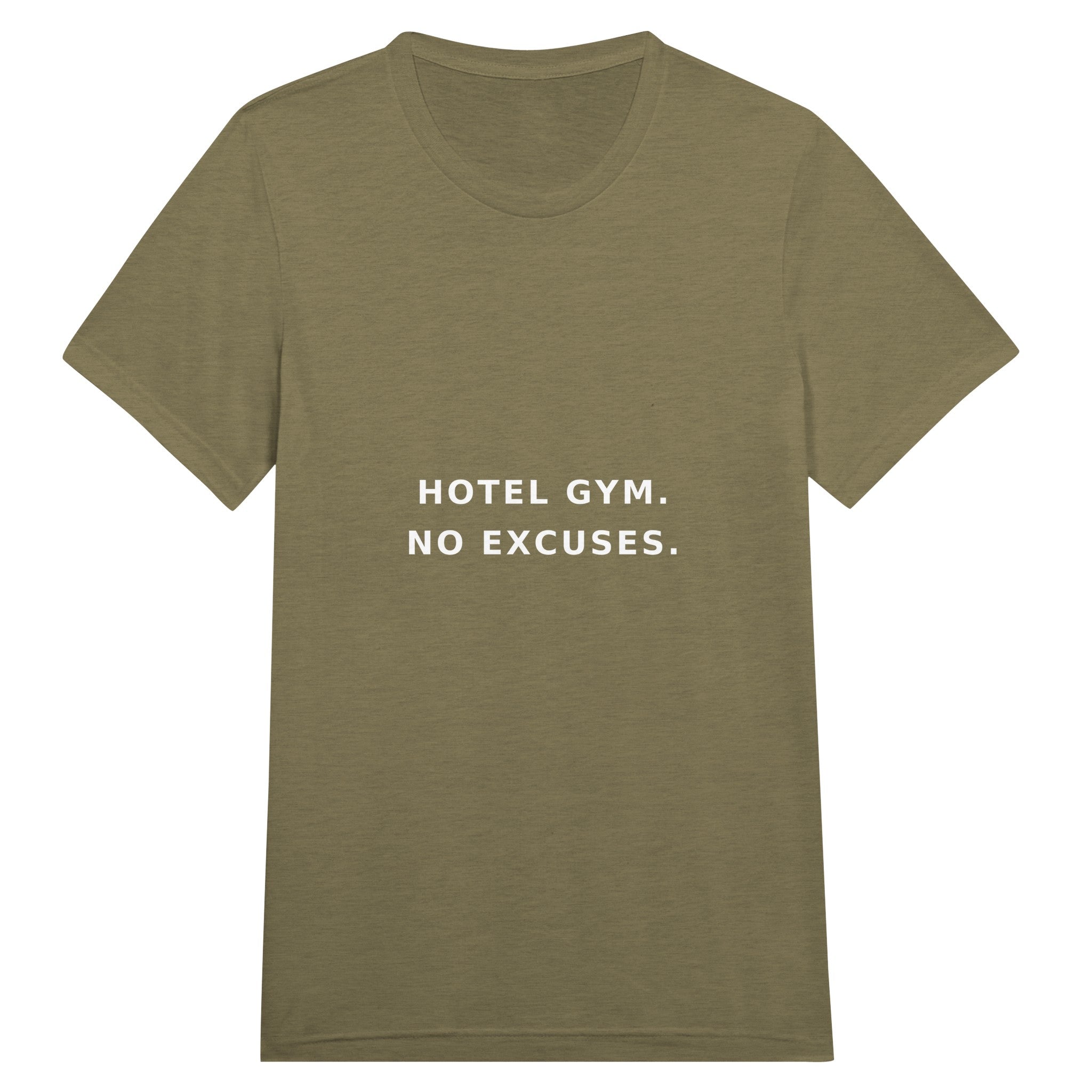unisex triblend travel tee with white Hotel Gym. No Excuses. typography print