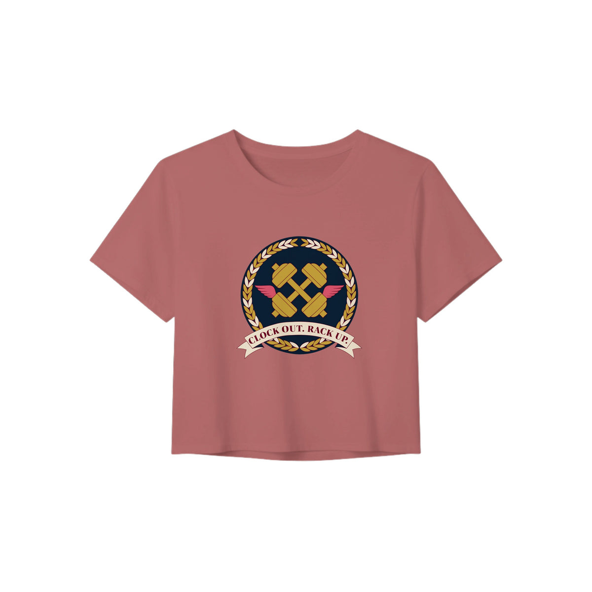 Clock Out. Rack Up. crest design on a Dumbbells and Hotels women's crop tee