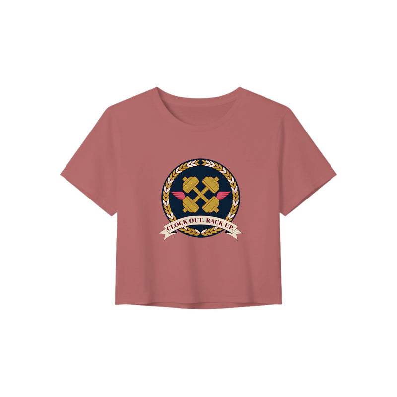 Clock Out. Rack Up. crest design on a Dumbbells and Hotels women's crop tee