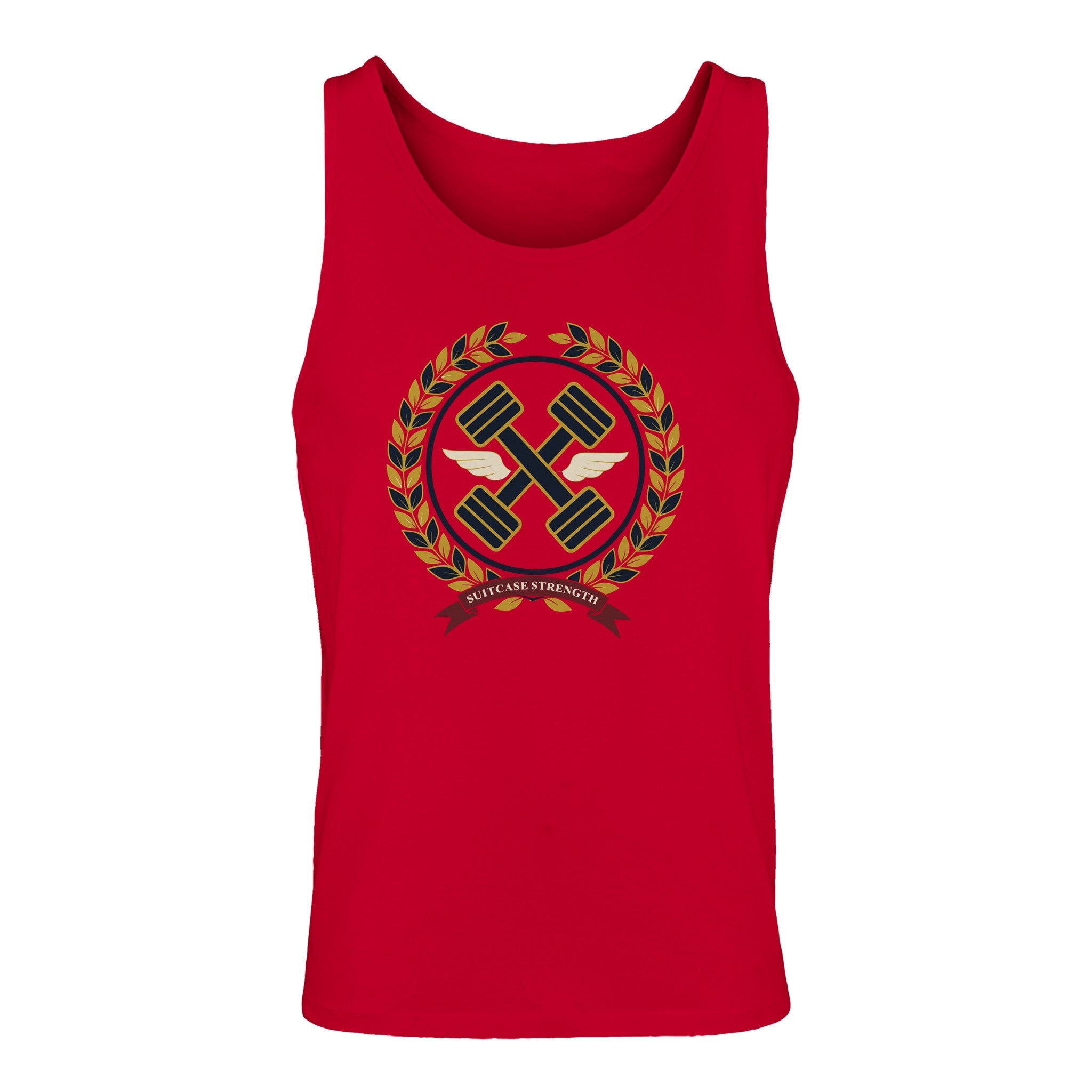 Suitcase Strength unisex premium tank top for travelling professionals, printed with a gold laurel-wreath crest with navy crossed dumbbells, cream aviator wings and a SUITCASE STRENGTH ribbon — product photo 15 of 18