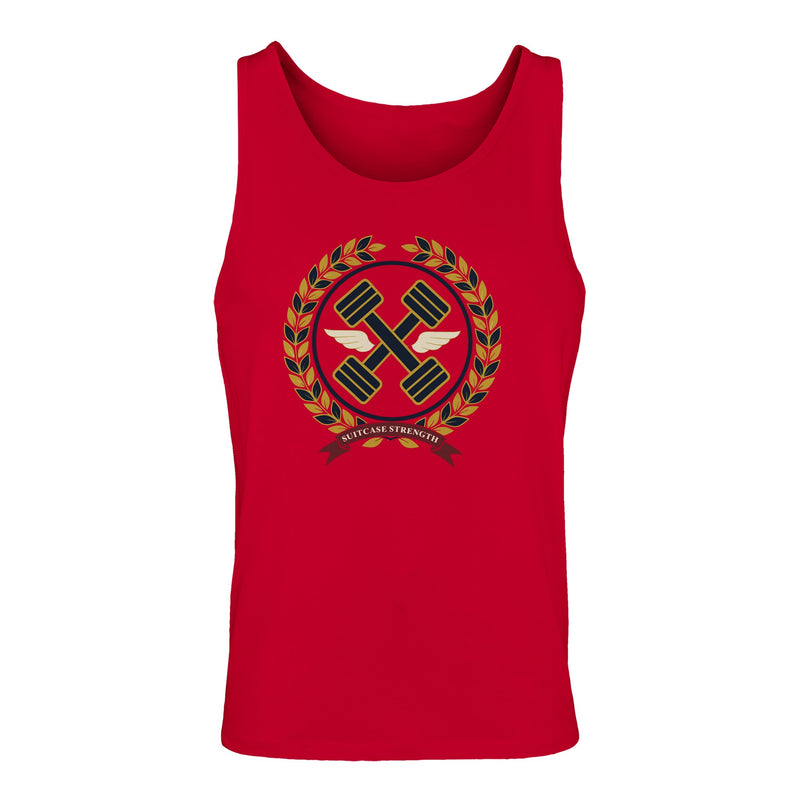 Suitcase Strength unisex premium tank top for travelling professionals, printed with a gold laurel-wreath crest with navy crossed dumbbells, cream aviator wings and a SUITCASE STRENGTH ribbon — product photo 15 of 18