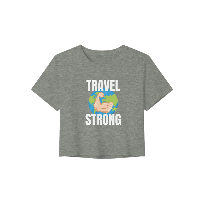Travel Strong women's crop tee by Dumbbells & Hotels - back view