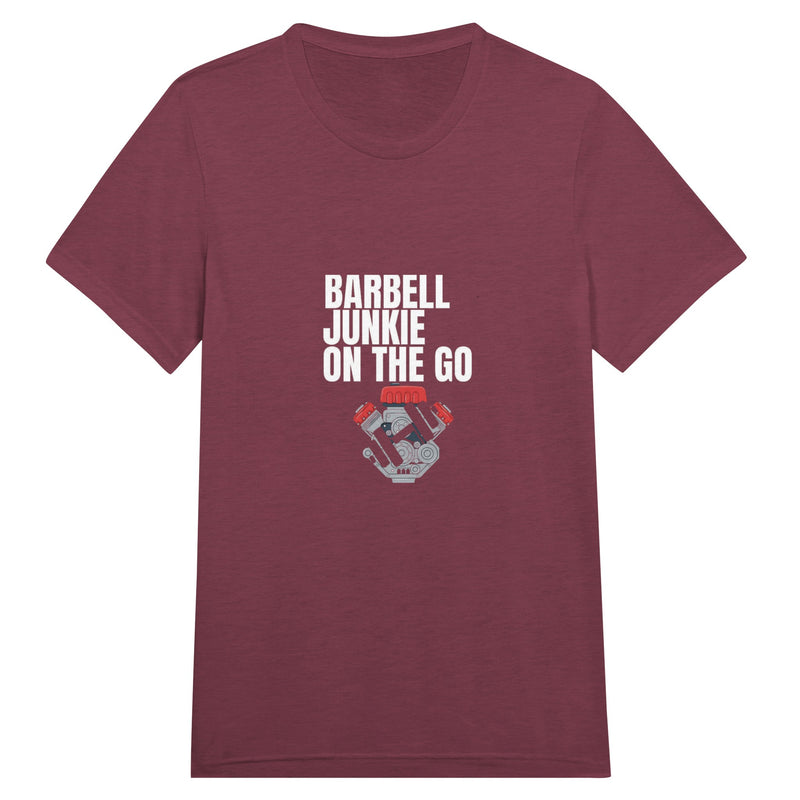 Barbell Junkie on the Go unisex classic travel tee by Dumbbells & Hotels — road warrior gym apparel