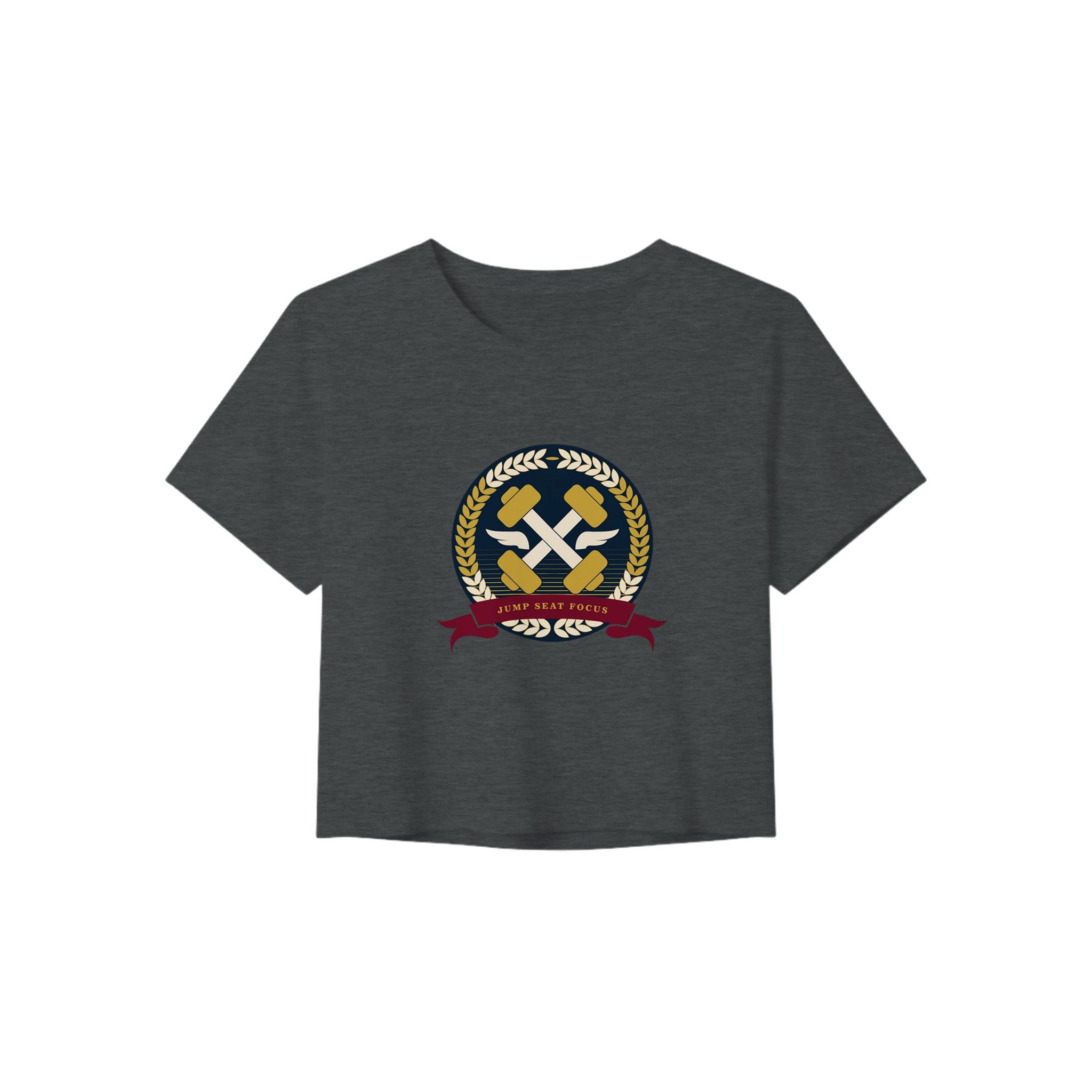 Dumbbells & Hotels women's crop tee with the Jump Seat Focus crest (gold laurel ring, crossed dumbbells over aviator wings, burgundy ribbon) - product shot 2 of 8