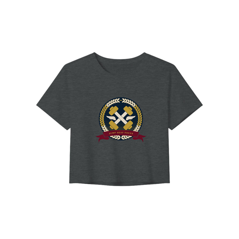 Dumbbells & Hotels women's crop tee with the Jump Seat Focus crest (gold laurel ring, crossed dumbbells over aviator wings, burgundy ribbon) - product shot 2 of 8