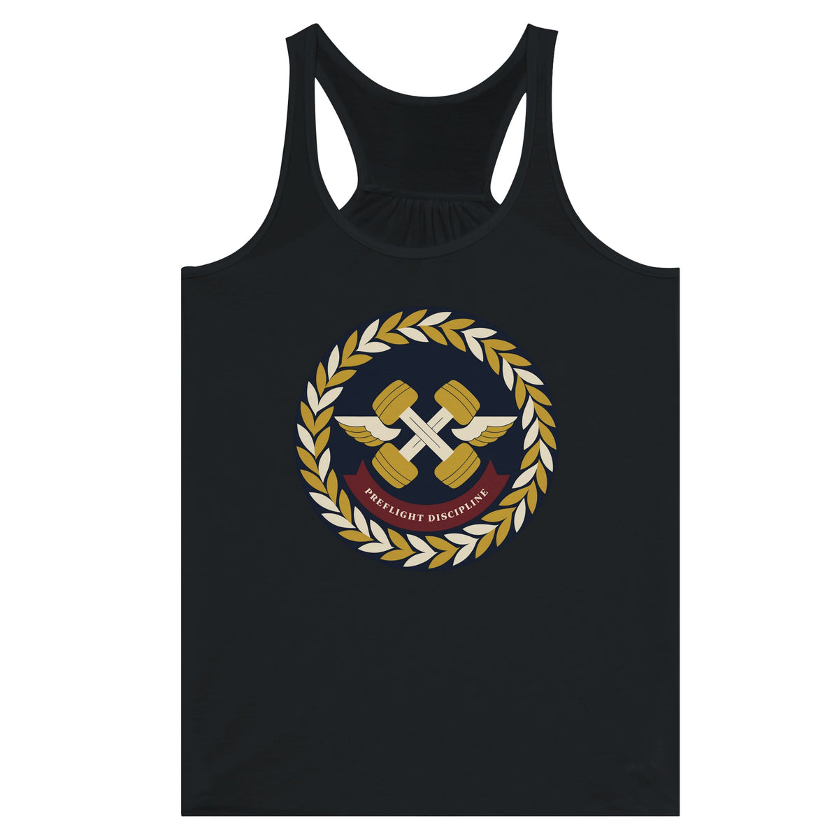Preflight Discipline women's racerback tank for travelling professionals, printed with a laurel-wreath crest with crossed dumbbells, aviator wings and a PREFLIGHT DISCIPLINE banner — product photo 11 of 13