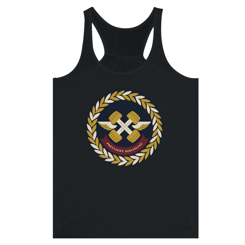 Preflight Discipline women's racerback tank for travelling professionals, printed with a laurel-wreath crest with crossed dumbbells, aviator wings and a PREFLIGHT DISCIPLINE banner — product photo 11 of 13