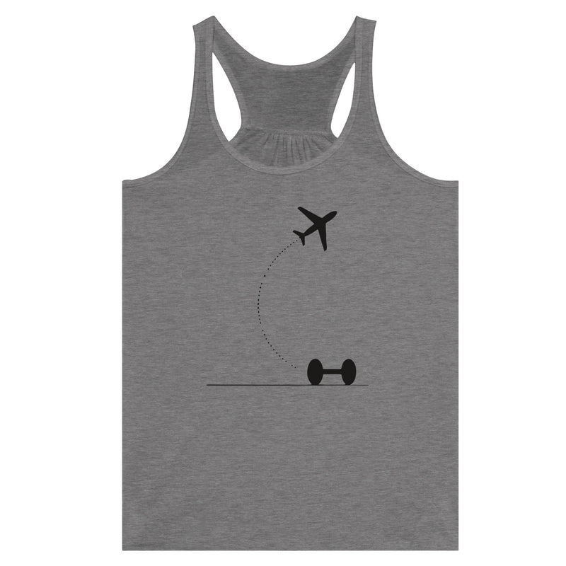 Hotel Key, Fitness Key design on Dark Gray Heather women's racerback tank top - Dumbbells & Hotels