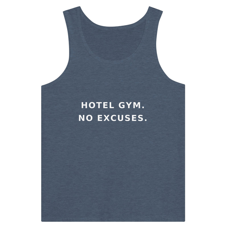 men's premium travel tank with white Hotel Gym. No Excuses. statement print for hotel gym sessions